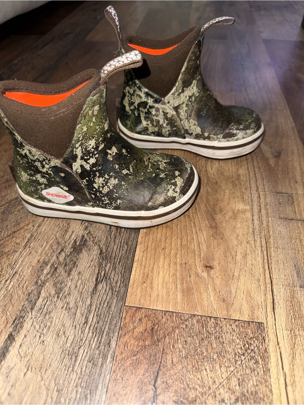 Kids Mossy Camo Rain Boots with Orange Lining